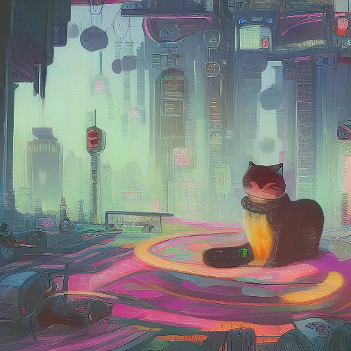 An AI-generated picture of a large cat sitting in the middle of a futuristic intersection in a cyberpunk city.